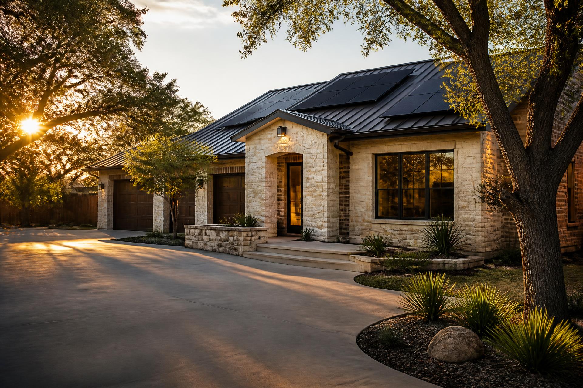 Central Texas limestone home with a pristine driveway and rooftop solar panels