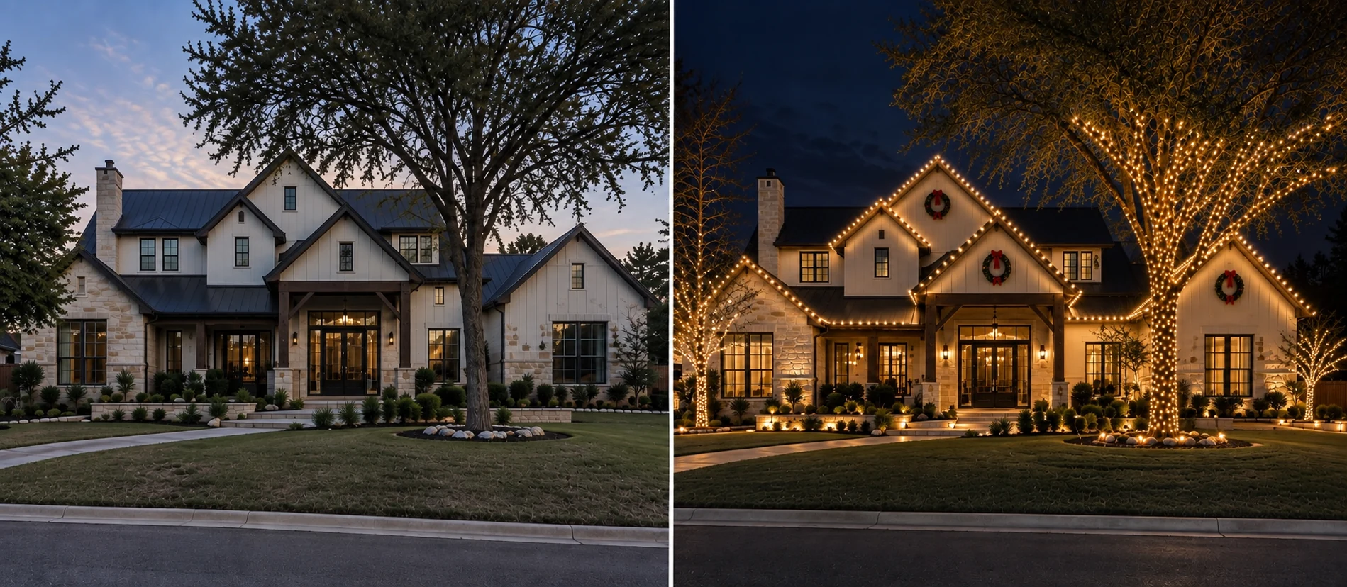 Central Texas home with professionally installed warm white Christmas lighting by SolarShield